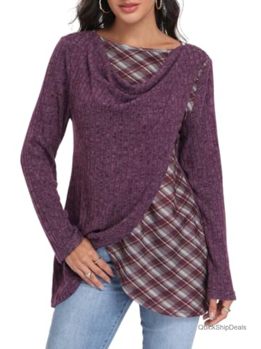 Cowl Neck Tunic Sweater Plaid Patchwork Long Sleeve Knit Pullover